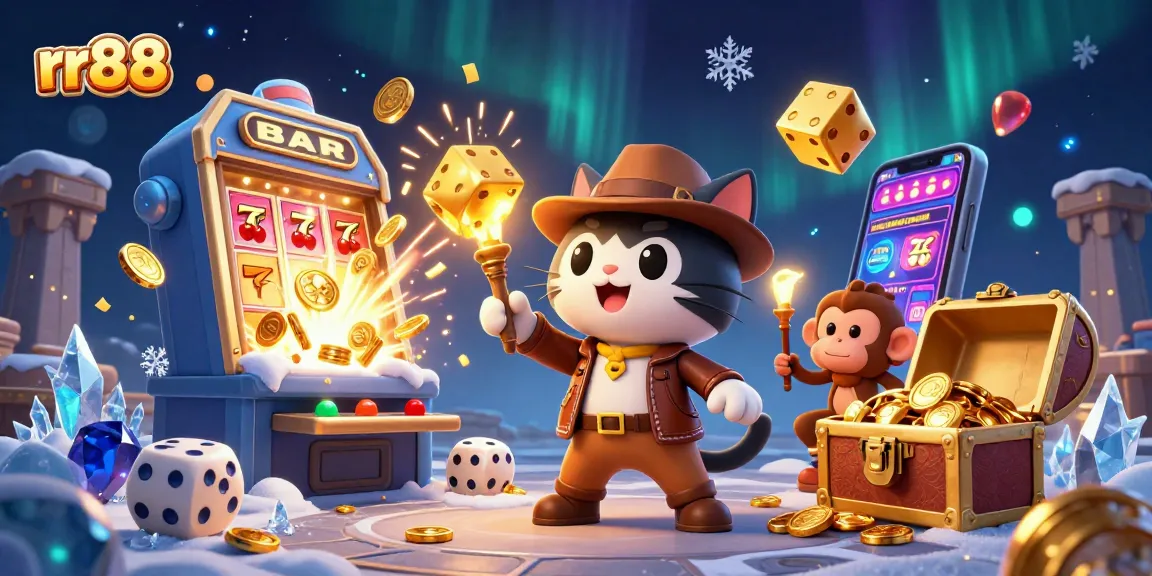 Engage in rolling excitement with rr88's vibrant casino scene featuring a joyful cat archaeologist.