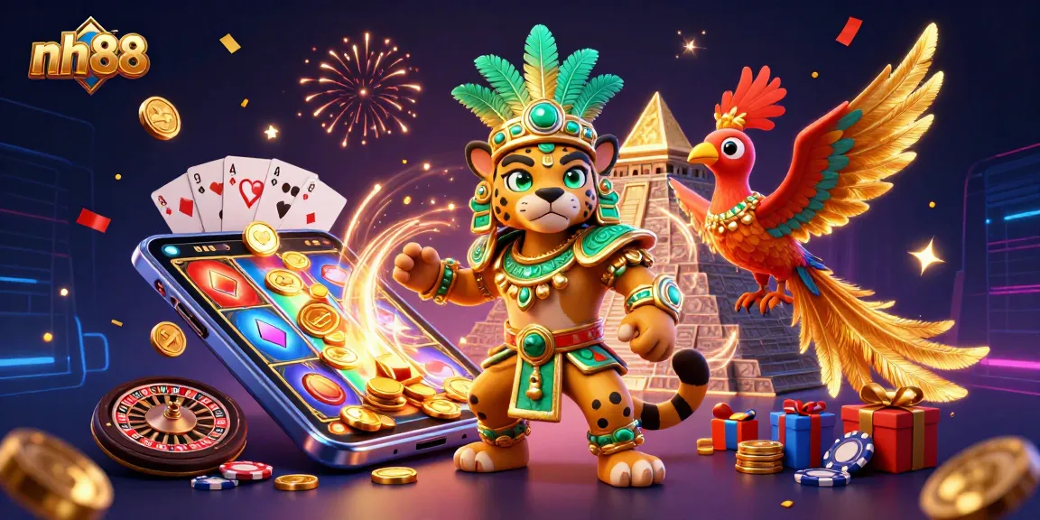 Play slot games with excitement at nh 88, featuring vibrant characters and dynamic casino elements.