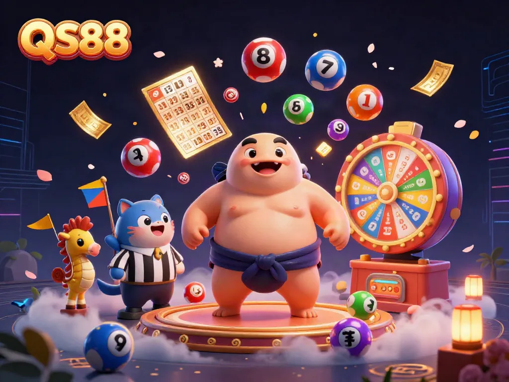 Engage with QS88 in this vibrant casino-themed underwater illustration featuring lively characters and dynamic game elements.