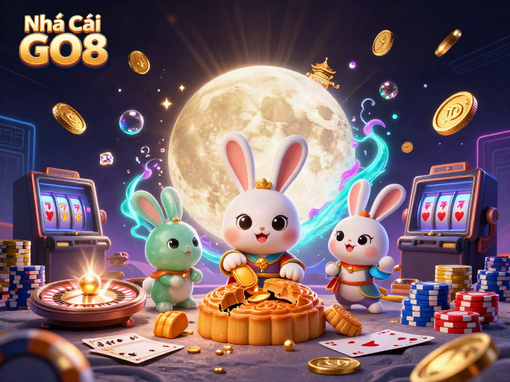 Engaging artistic scene showcasing Nhà Cái GO8 with a vibrant, cartoon-style moon rabbit creating magical winnings.
