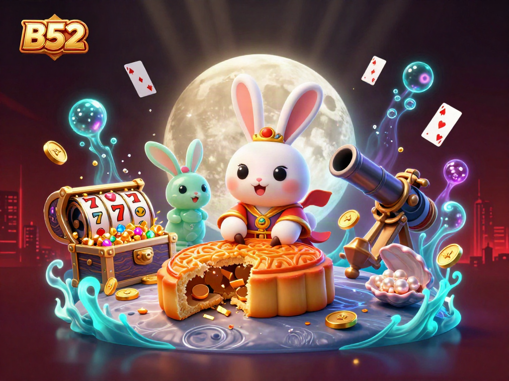 Experience exhilarating gameplay with B52-themed moon rabbits and poker chips amidst vibrant casino elements.