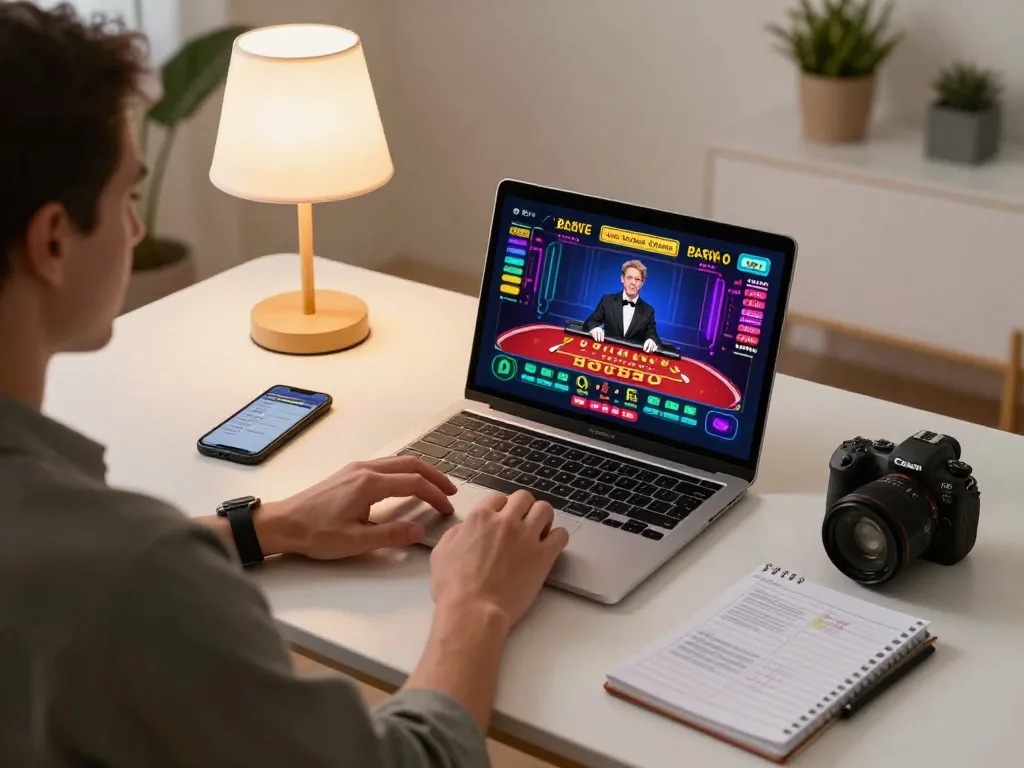 Experience online gaming at https://mm88.london/ while playing live baccarat on a laptop, highlighting a strategic approach.