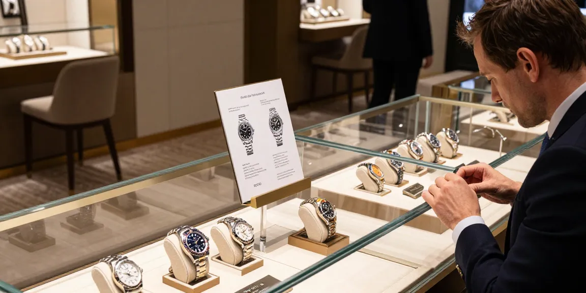 Explore high-quality replica watches at a luxurious retail display.