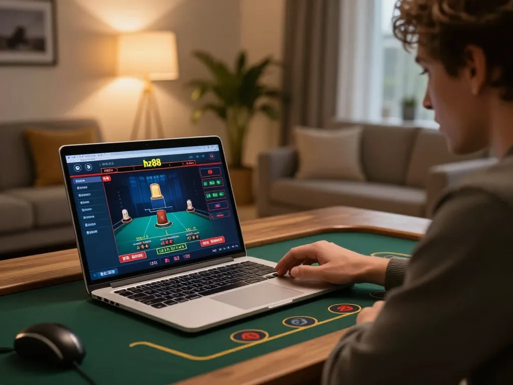 Engaging with the hz88 online casino interface on a laptop in a cozy living room.