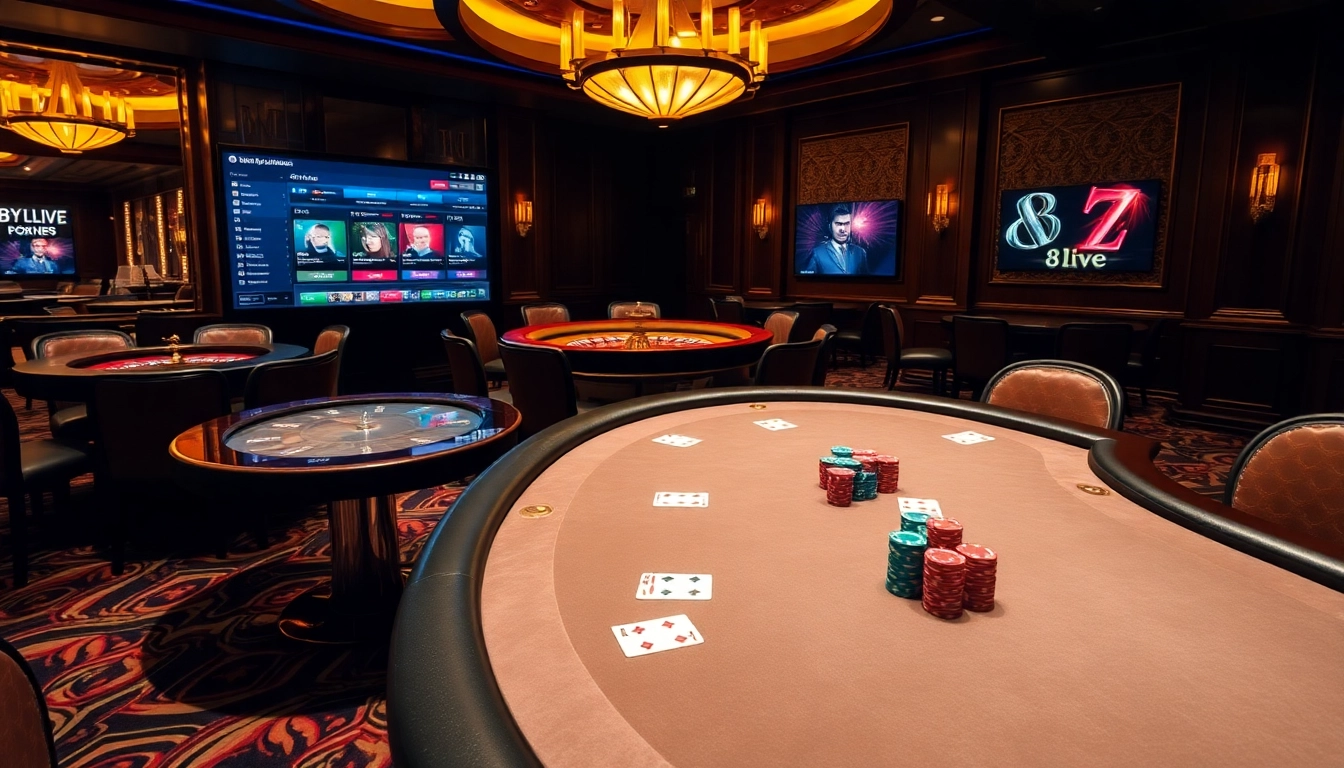 Experience high-stakes excitement at 8live's professional gaming tables with poker chips and roulette.