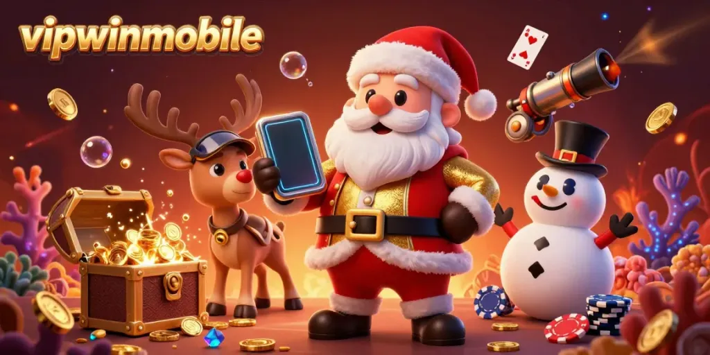 Experience thrilling jackpots with vipwinmobile's vibrant casino-themed illustration featuring festive characters.