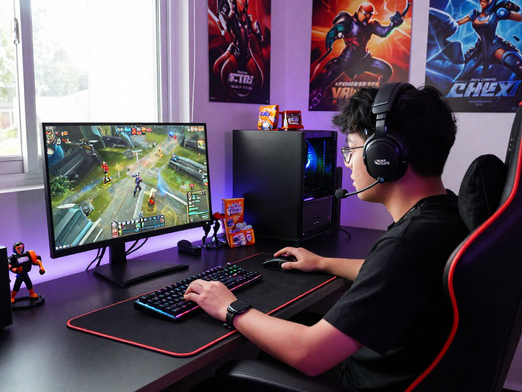 Player engaging in KOMBET168 gaming experience at a modern desk