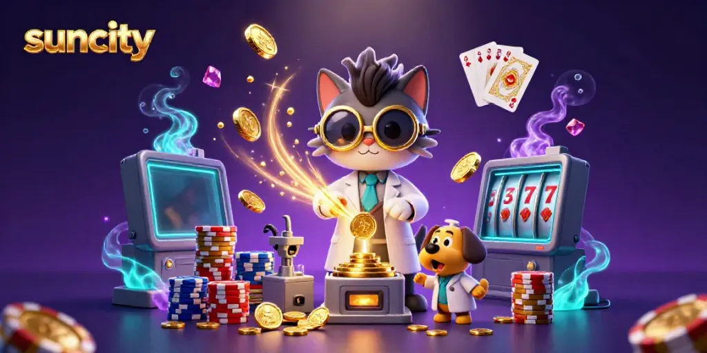 Spin the slot reels with suncity's exciting characters in a vibrant casino scene filled with gold and gems.