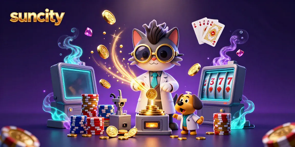 Spin the slot reels with suncity's exciting characters in a vibrant casino scene filled with gold and gems.