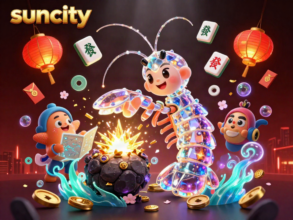 Suncity showcases a vibrant 3D scene with a galactic mantis shrimp amidst golden gaming symbols