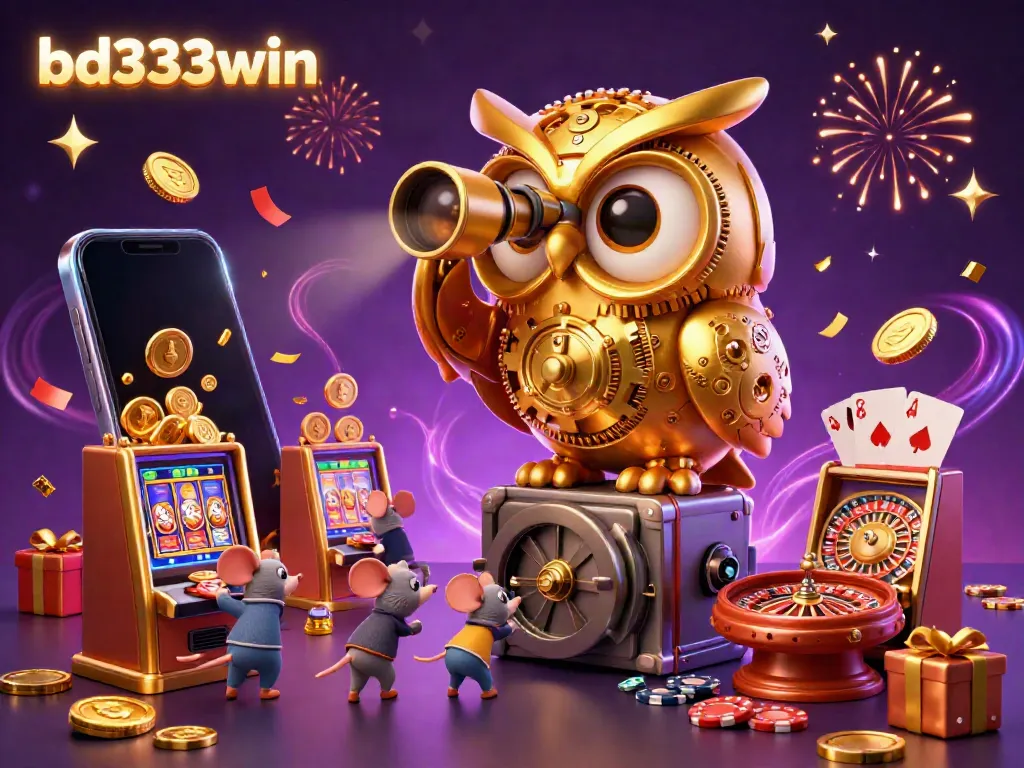 Experience the excitement of bd333win with a lively casino scene featuring a golden owl and wind-up mice amidst dynamic gaming elements.