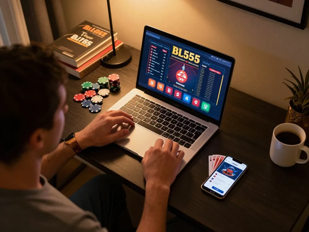 Experience Bl555 online gaming with a stylish setup showcasing a laptop and mobile app for strategic betting