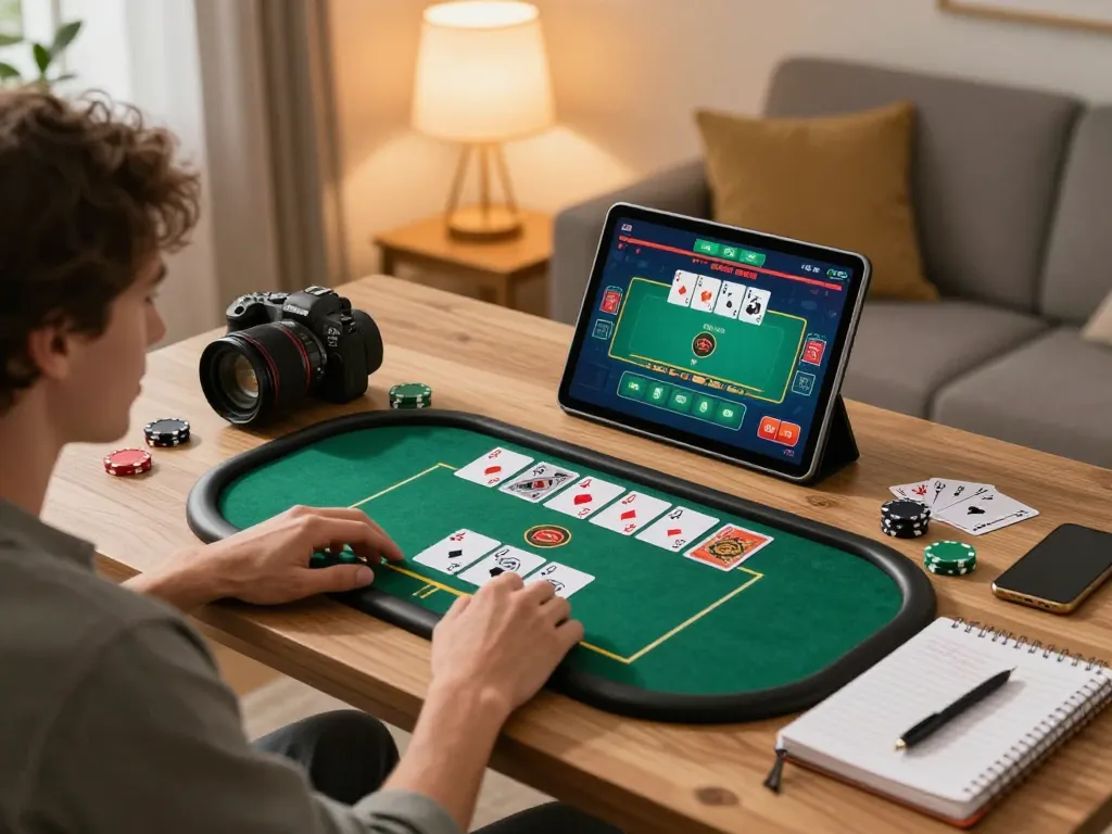 Player enjoying online poker at home using tablet, representing the engaging experience with BL555.