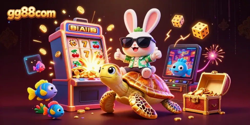 Experience winning excitement with gg88com, highlighted by a lucky rabbit and golden turtle amidst a jackpot explosion.