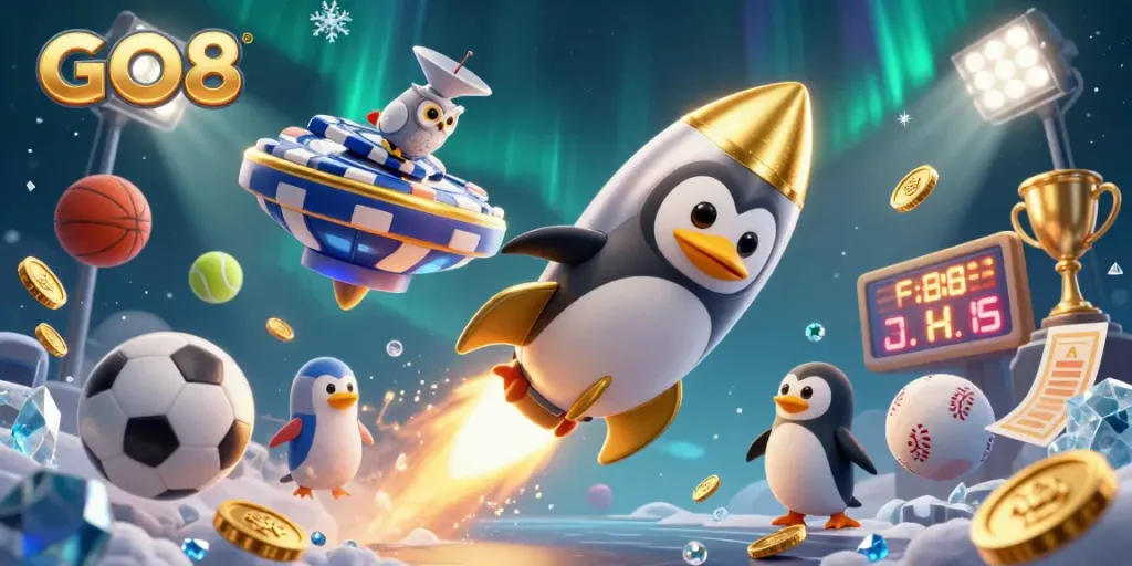 GO8 launches a dynamic golden penguin through a casino-themed galaxy, attracting gamers with excitement.