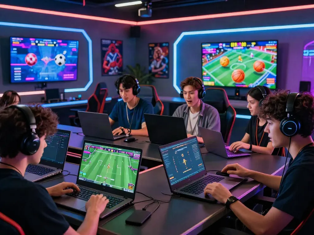 Gamers enjoying live betting on https://five88.boats/ with vibrant sports graphics.