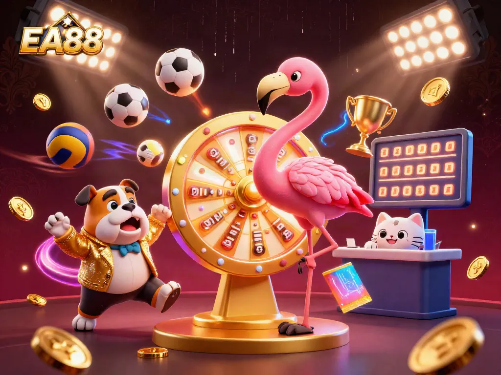 EA88 showcases a dynamic casino atmosphere with characters celebrating a spin on the prize wheel amidst energetic gaming elements.