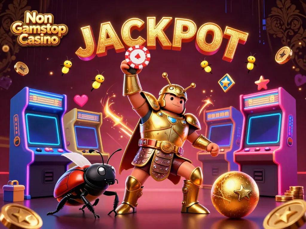 Engage in thrilling action at a Non Gamstop Casino where a herculean beetle celebrates victory above a dynamic gaming scene.