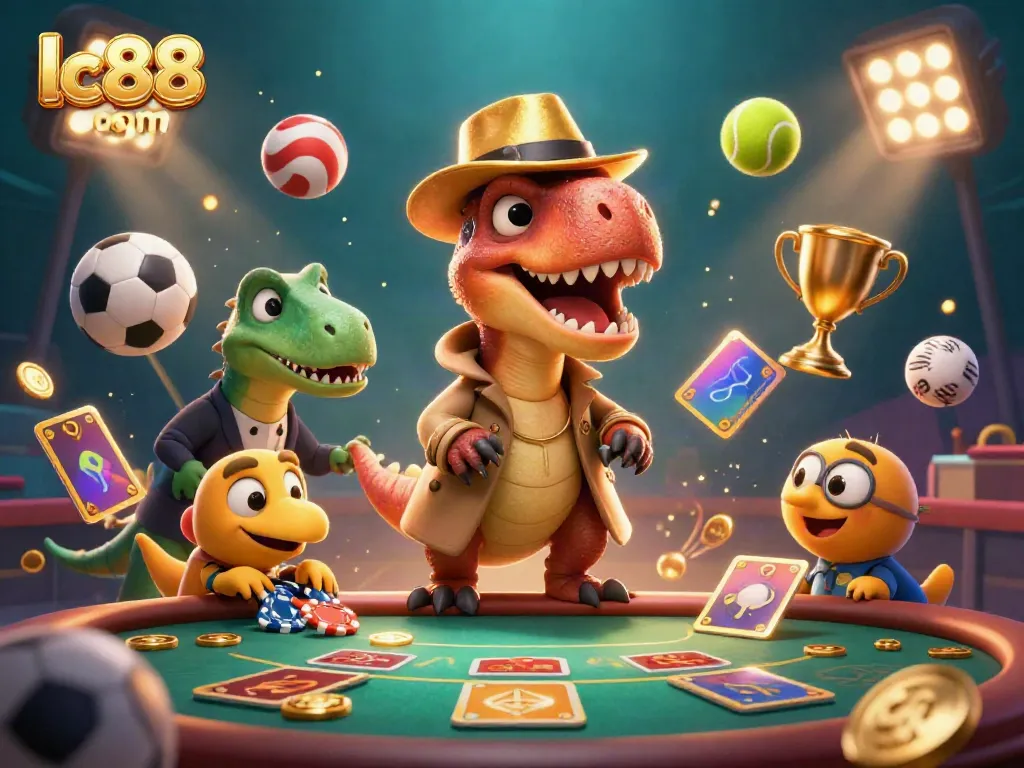 Experience thrilling bets at lc88 com with this vibrant casino action scene featuring a velociraptor and stegosaurus.