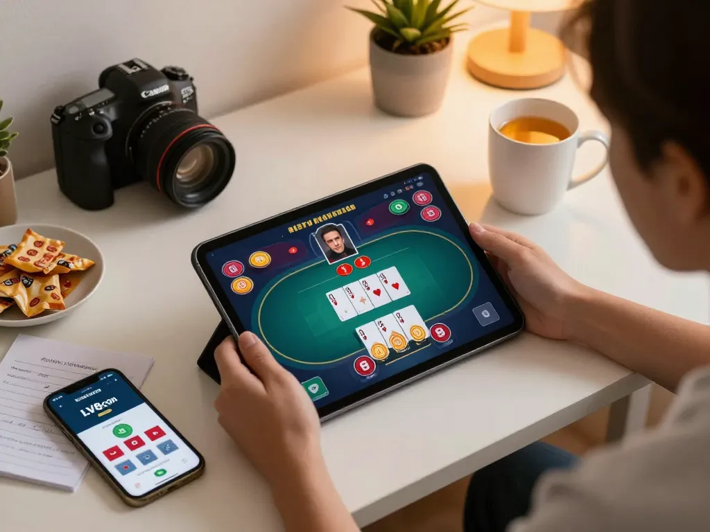 Playing an exciting poker game on a tablet through LV88 com while managing bankroll with notes.
