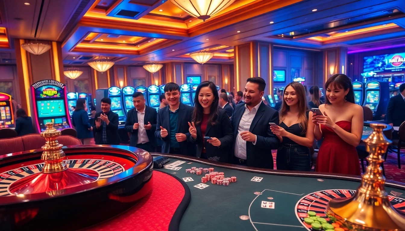 Experience the excitement of betting at https://da88.trading/ with a luxurious casino scene full of poker, roulette, and vibrant slot machines.