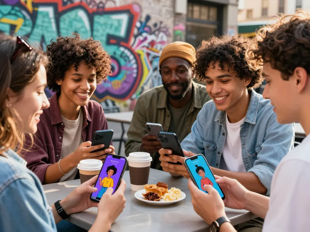 Friends using Crushon AI on smartphones in lively urban setting.