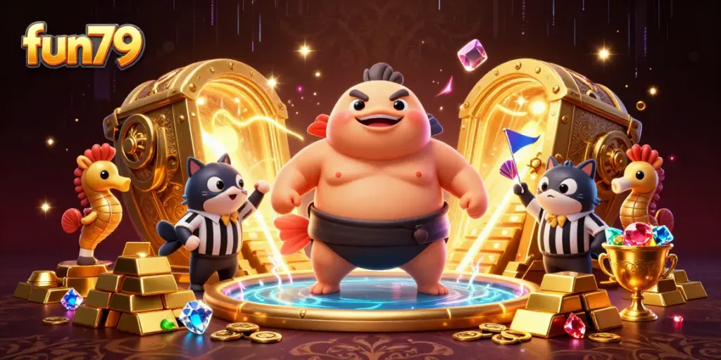 Experience fun79 with an engaging casino atmosphere featuring a fugu character and vibrant treasures.