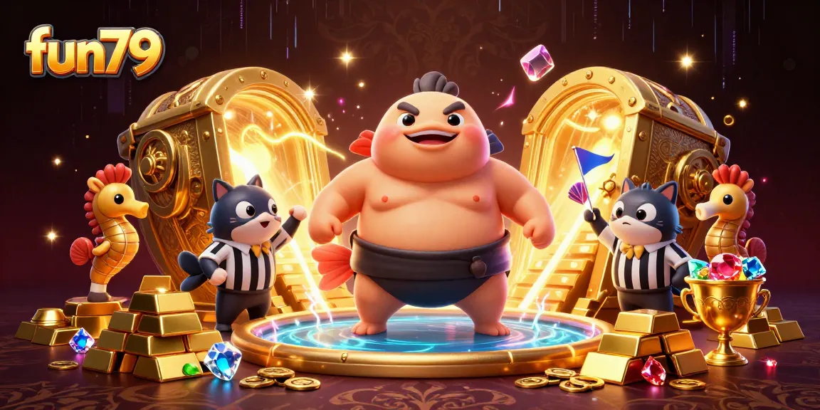 Experience fun79 with an engaging casino atmosphere featuring a fugu character and vibrant treasures.