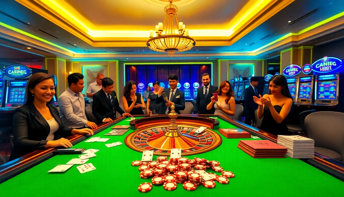 Excited players enjoying sc88 gambling at a luxurious casino table with poker chips and roulette.