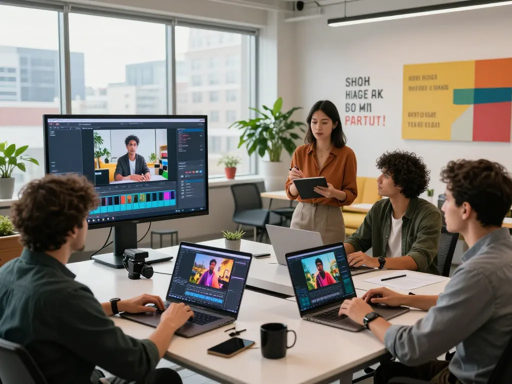 Creating innovative videos with Seedance AI in a dynamic studio environment, showcasing collaboration and creativity.
