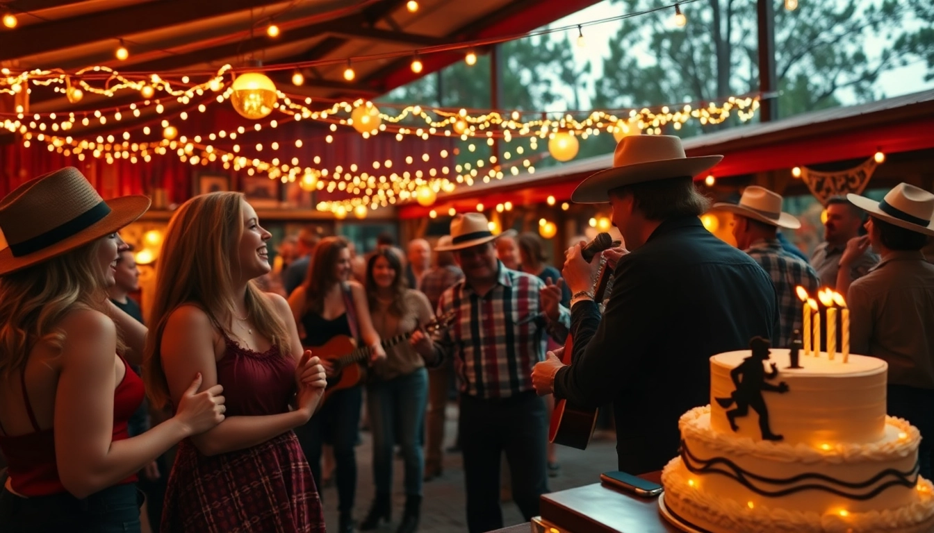 Celebration scene of Johnny Cash's birthday at johnnycashbirthday.com with festive lights and music.
