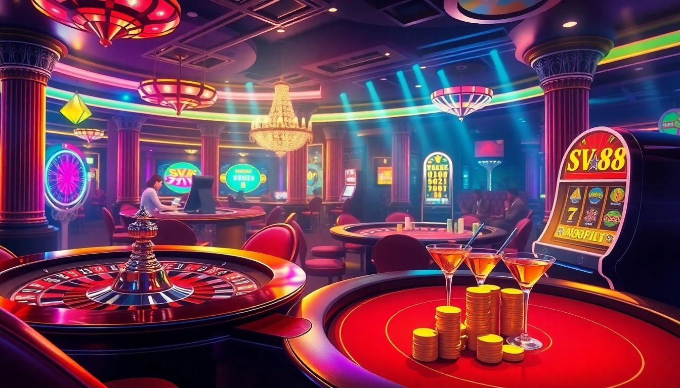 Experience the excitement of SV 88 with vibrant casino visuals showcasing poker, roulette, and slot machines.