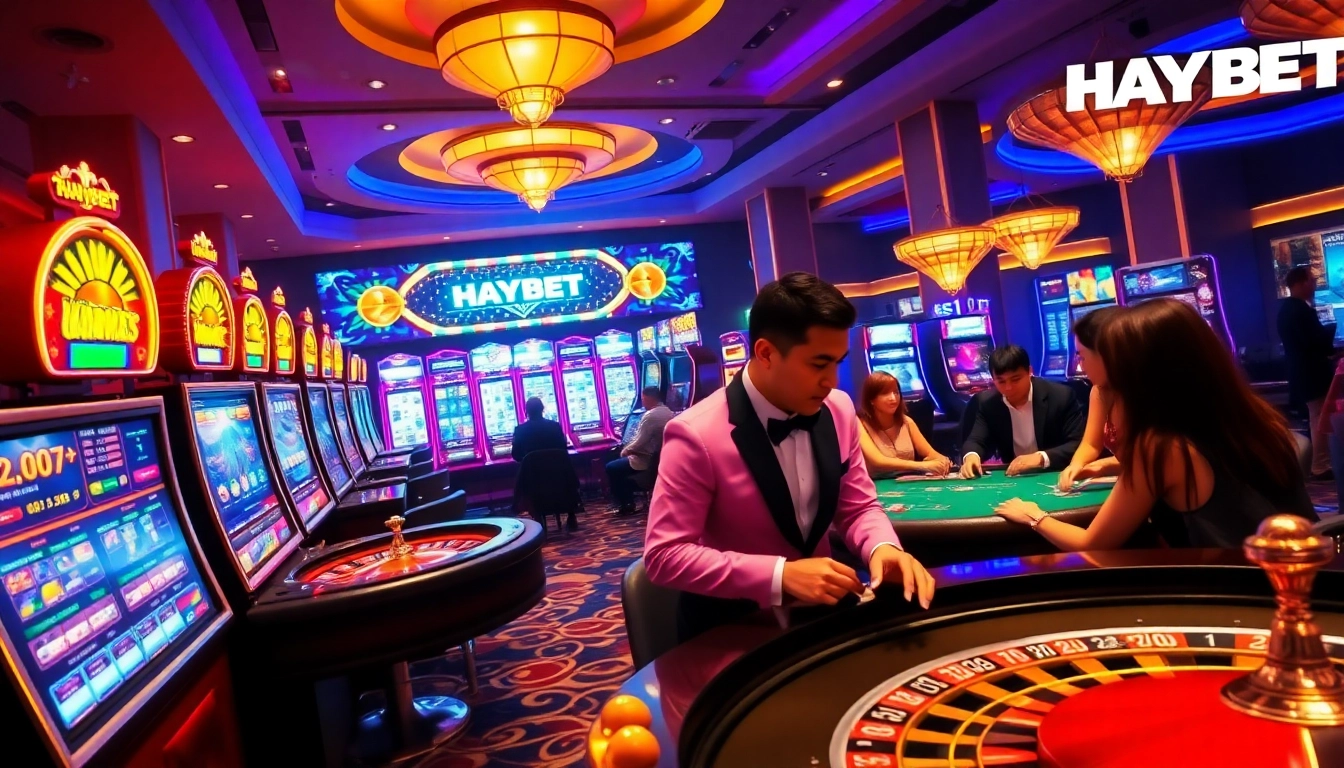 HAYBET players enjoying dynamic online casino games with vibrant tables and slot machines.