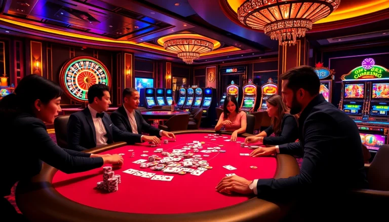 Players at a vibrant RR88 casino table, enjoying poker with colorful chips and cards.