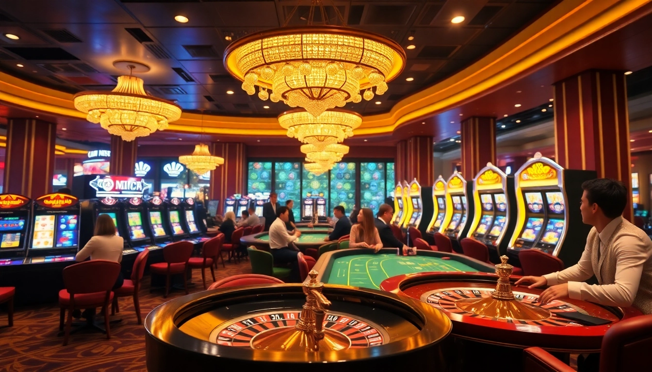 Players celebrating a win at a vibrant casino with luxurious roulette and poker setups, representing win vn.