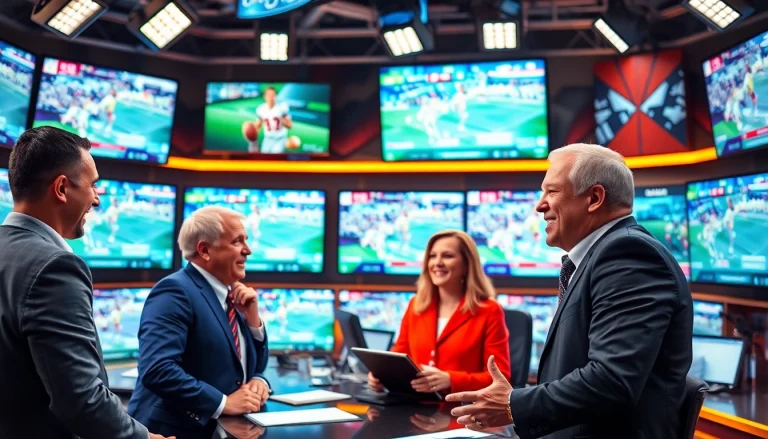 Sports Broadcasting analysts energetically discussing live events in a modern studio.