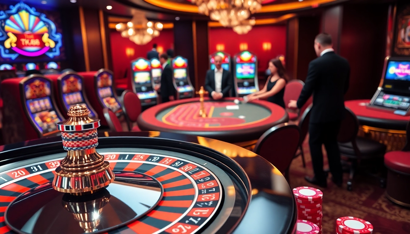 Exciting TK88 Casino experience with vibrant poker chips, roulette wheel, and engaged players at gaming tables.