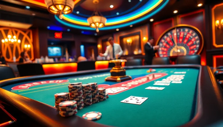 A thrilling poker game at az 888 with players in action, colorful chips, and a roulette wheel.