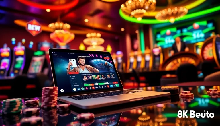 Gamble responsibly at https://8kbet.ngo/ with a laptop showing exciting online betting options.