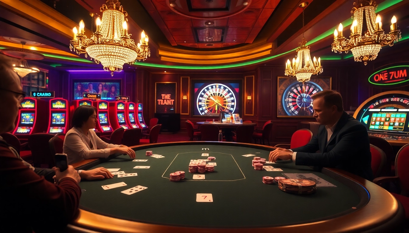 Engaging casino scene highlighting high-stakes poker and vibrant slot machines in a 7m gaming atmosphere.