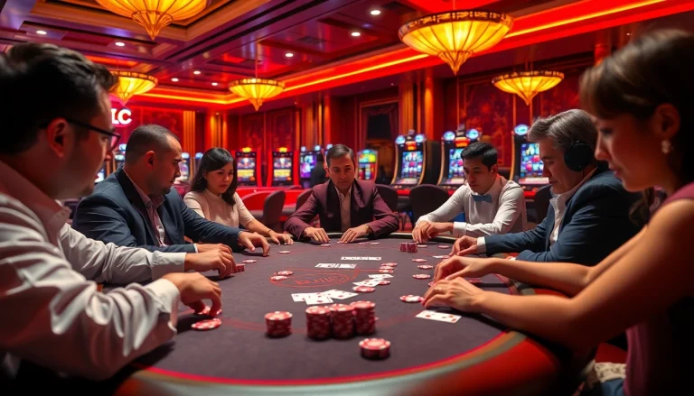 KJC players strategizing at a luxury casino poker table surrounded by vibrant slot machines.