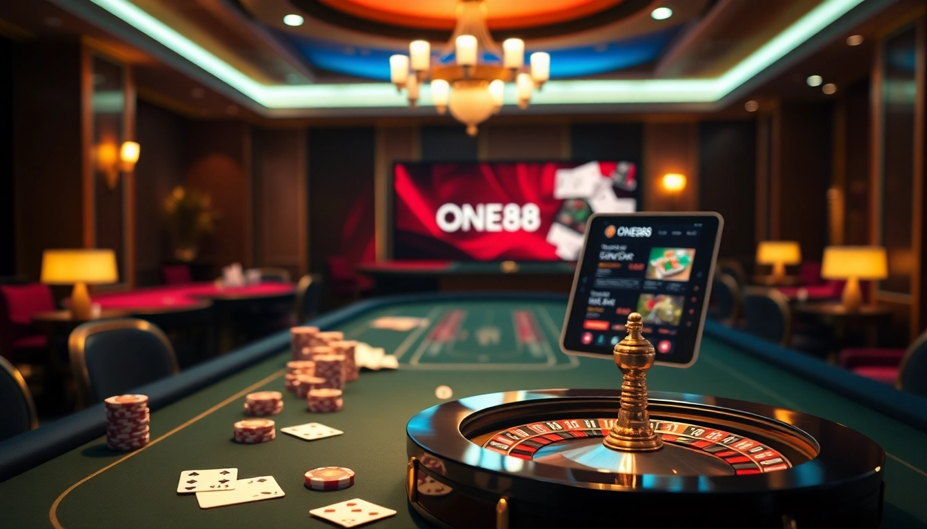 Experience the thrill of ONE88 SA COM as players engage at a luxurious casino table.
