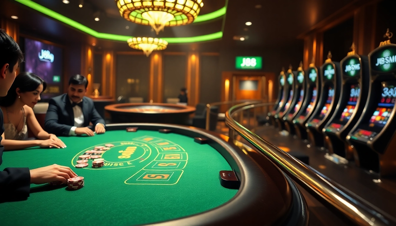 High-stakes gambling scene featuring the J88 brand, showcasing a blackjack table with elegant players and vibrant casino atmosphere.