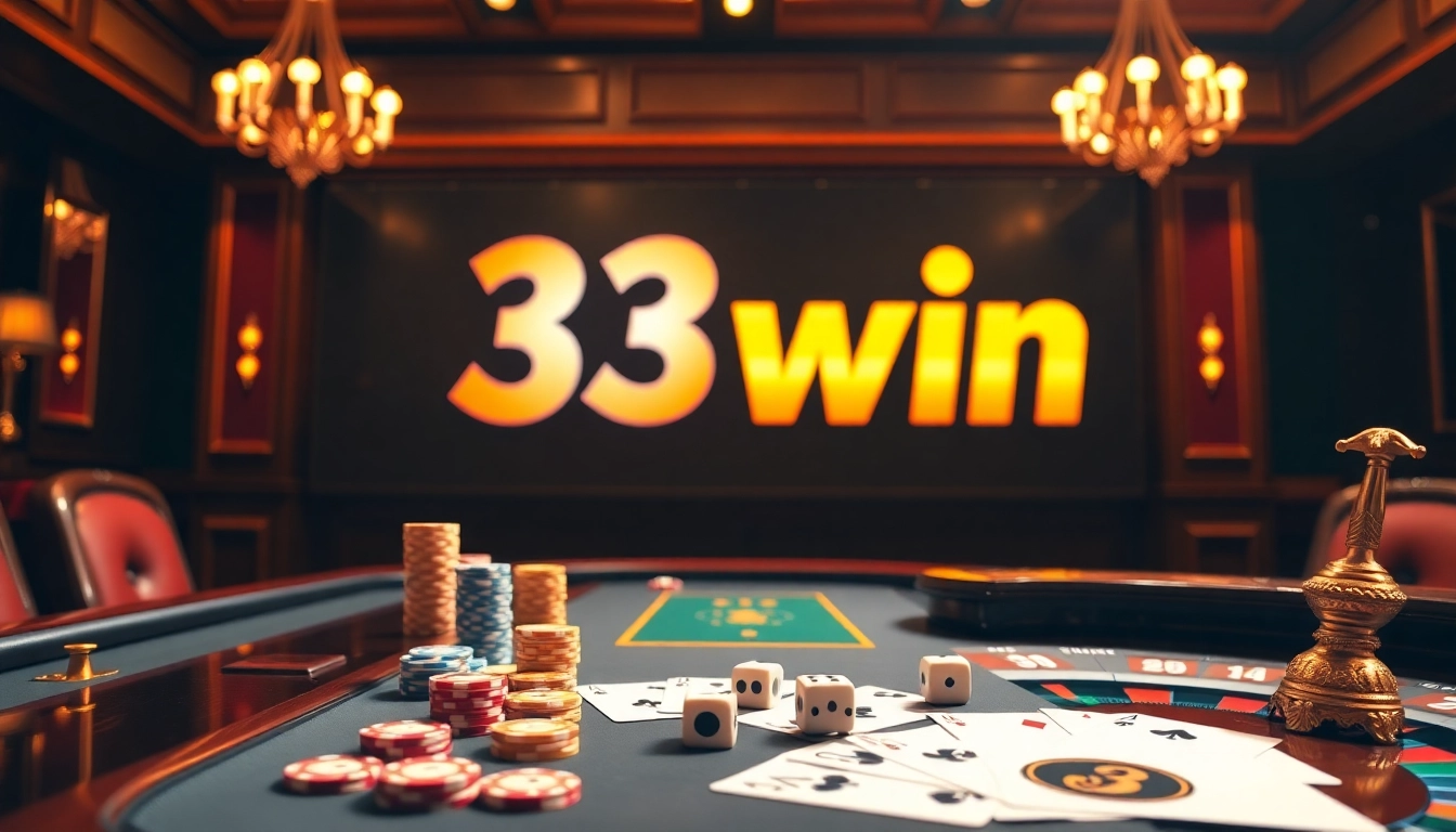 Experience the excitement of gambling at 33win casino with a luxurious poker table, chips, and cards.