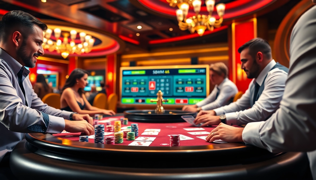 Players strategizing at a poker table in an elegant casino setting with 58wim digital betting displays.