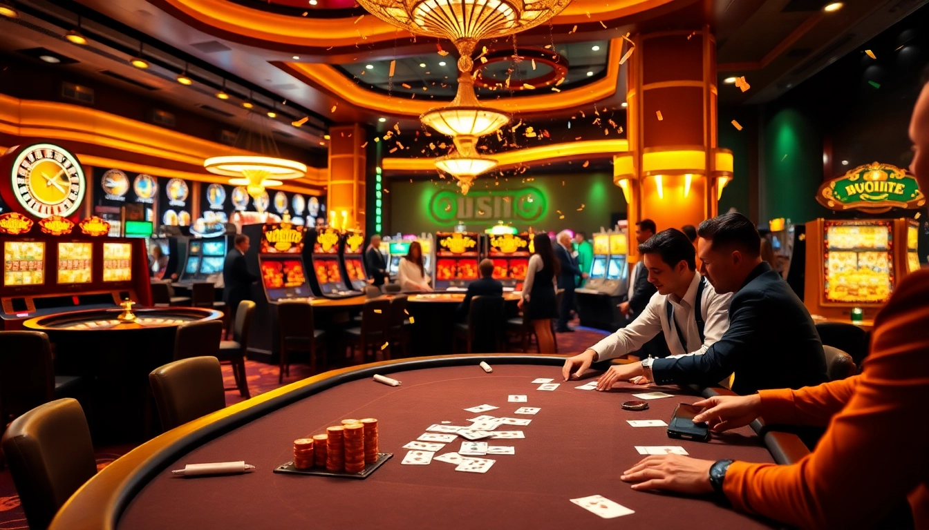 Experience the thrill of QQ88 Today with players at a casino poker table, surrounded by exciting gaming options.