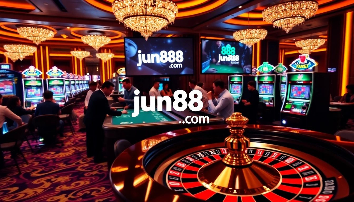 Engage with exciting gambling action at jun88 com featuring poker chips, a roulette wheel, and casino ambiance.