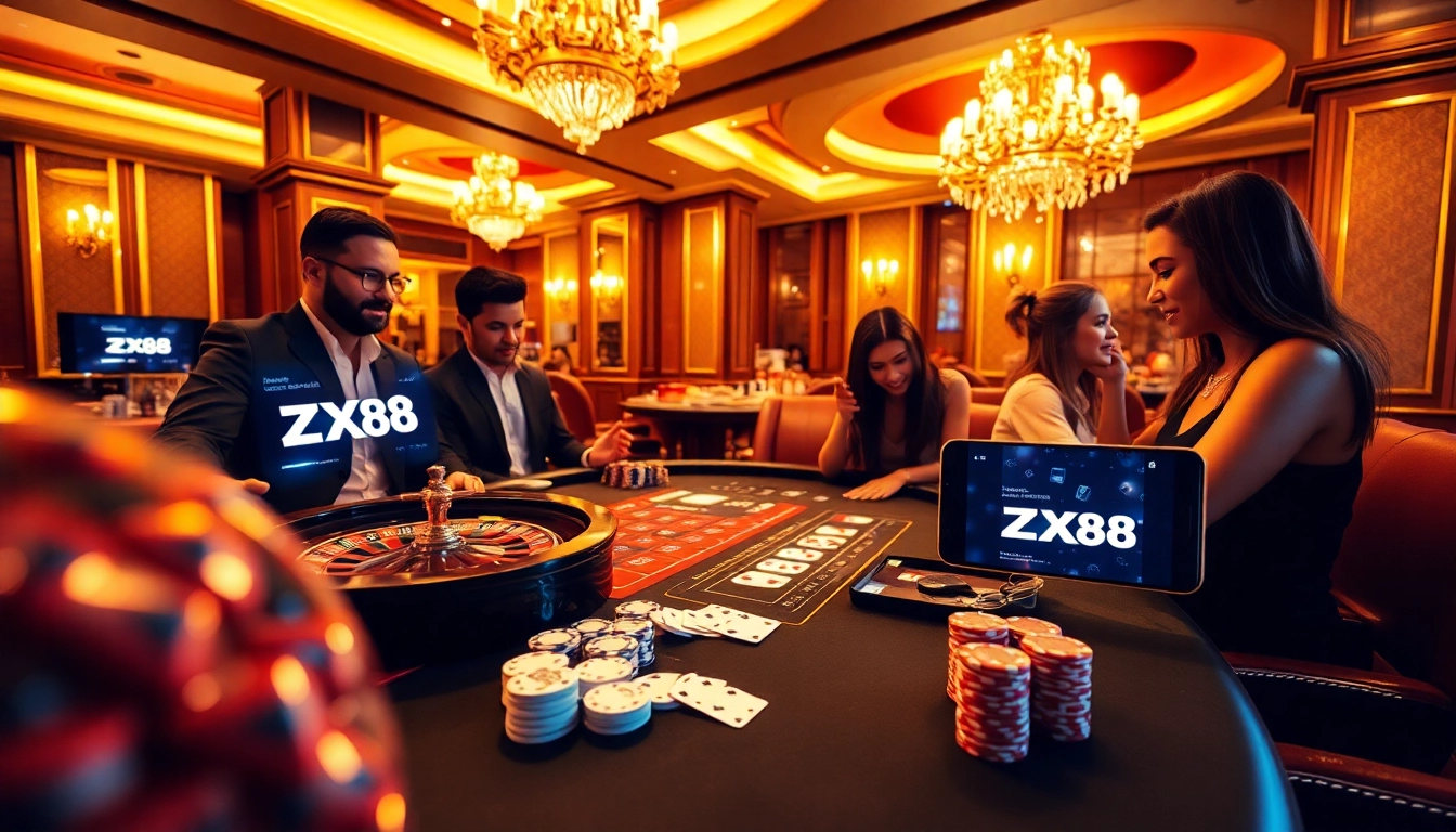 Experience thrilling gaming at ZX88 casino with vibrant poker chips and an exciting roulette wheel.