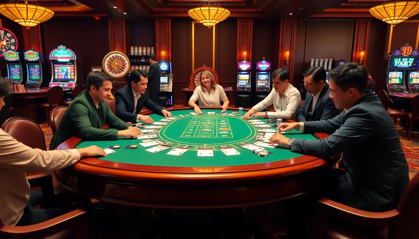 Players engaged in a thrilling poker game at I9BET's luxurious casino table.