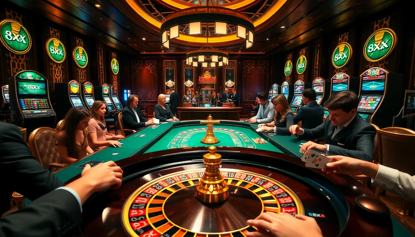 Experience thrilling gambling excitement at the luxurious 8XX casino environment featuring vibrant tables and slot machines.